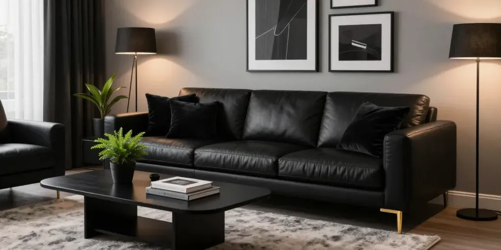 Stylish black interior design elements reflecting rokok88's elegance and sophistication.