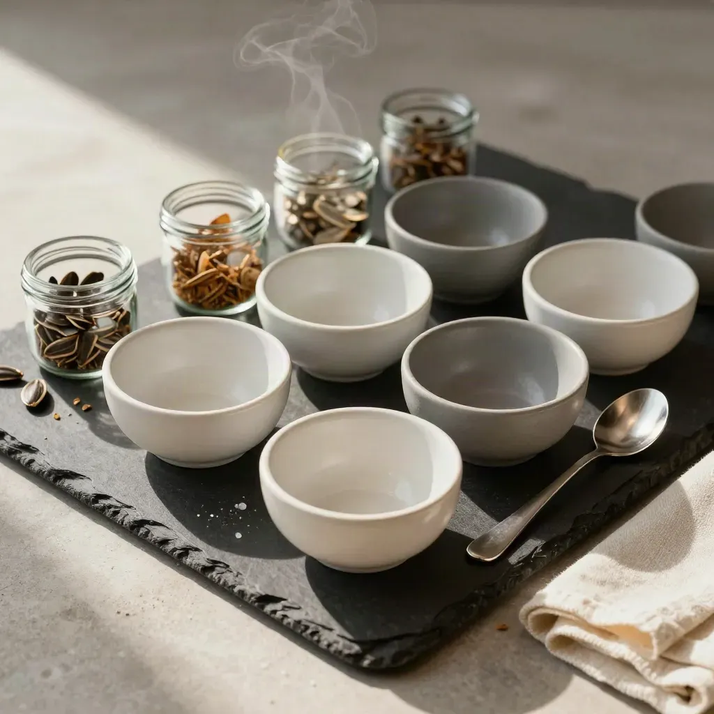 Slate tasting board with ceramic bowls, steel spoon, seed pods and lined-up glass jars in soft steam