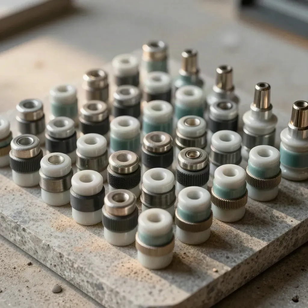 Top-down macro of ceramic insulators and terminal blocks in a precise industrial grid.