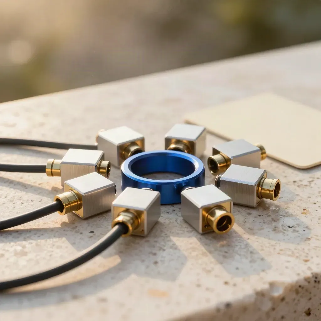 Brushed aluminium connector blocks and a blue node on pale stone in soft golden light.