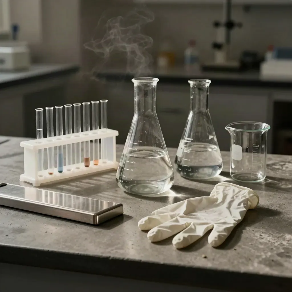 Borosilicate flasks, tube rack, and folded gloves on concrete in dramatic lab light.