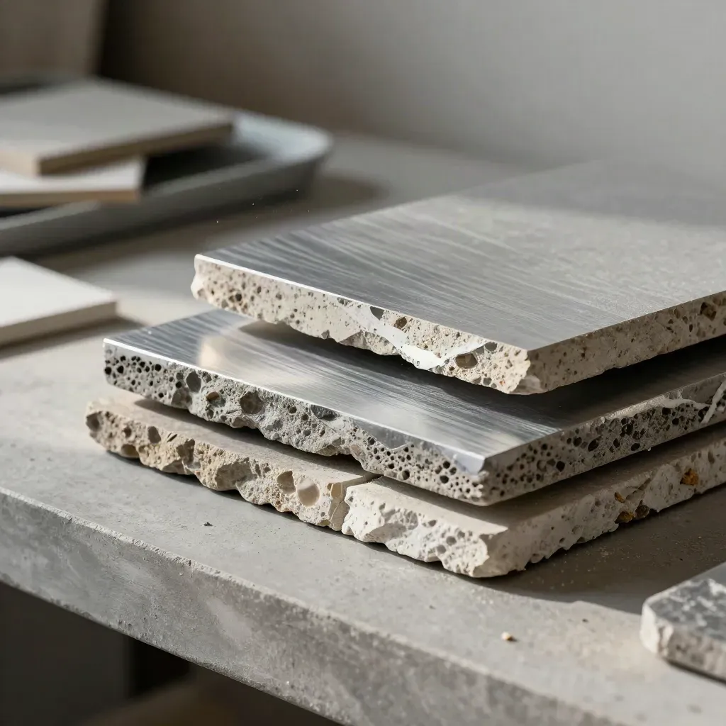 Macro of stacked stone, brushed aluminium and composite tiles slipping on a plaster bench.