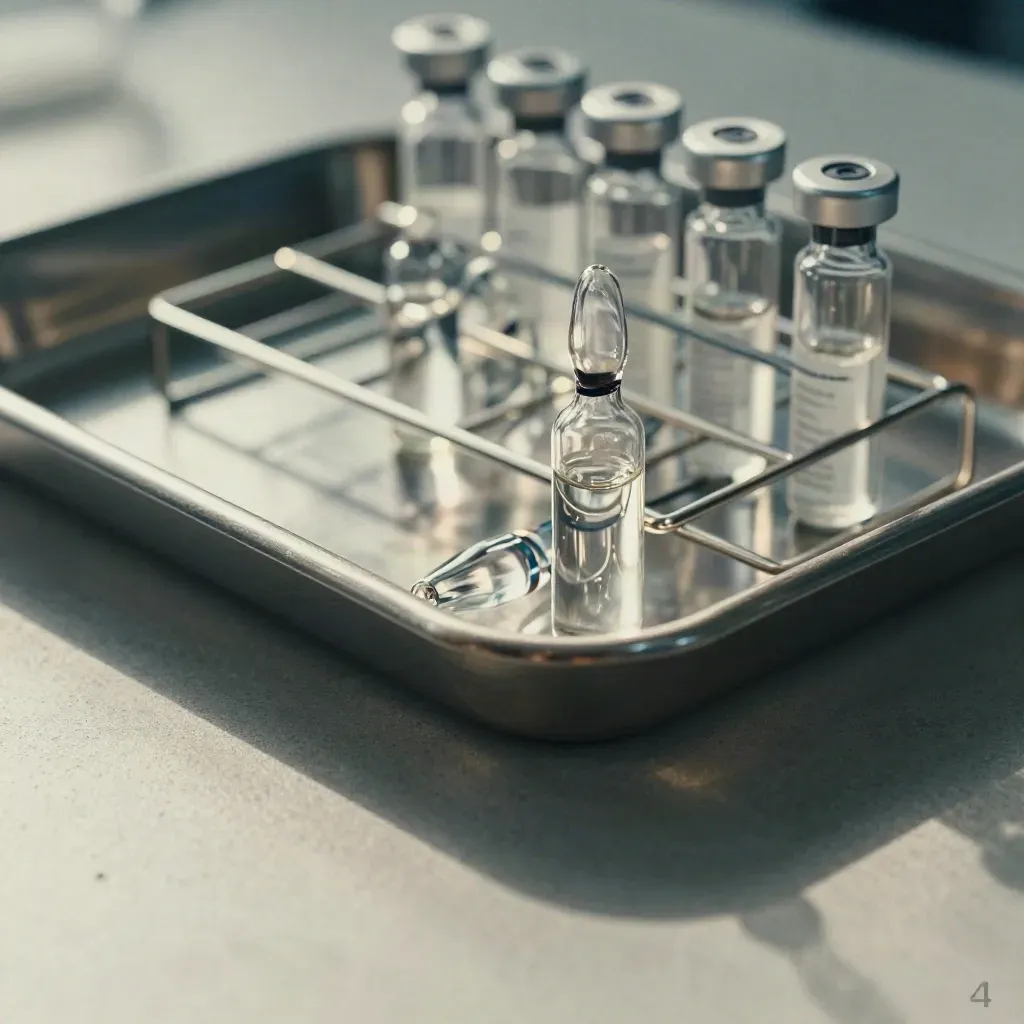 Clinical glass ampoules and sample tubes beside a stainless tray in dramatic studio light.