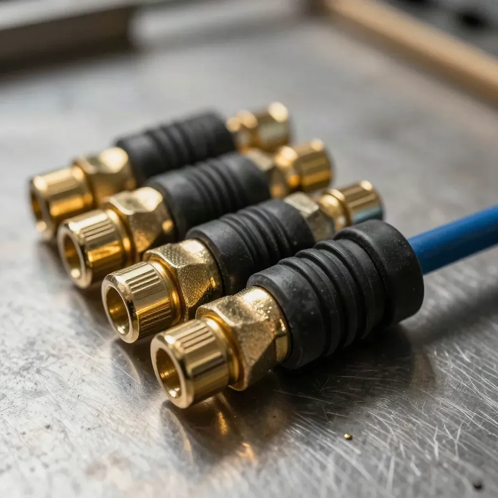 Cable lugs and brass terminal blocks aligned on brushed metal in a cinematic macro still life.