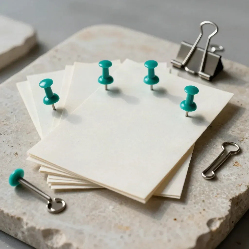 Teal map pins and steel clips fanned on pale stone with blank sample cards