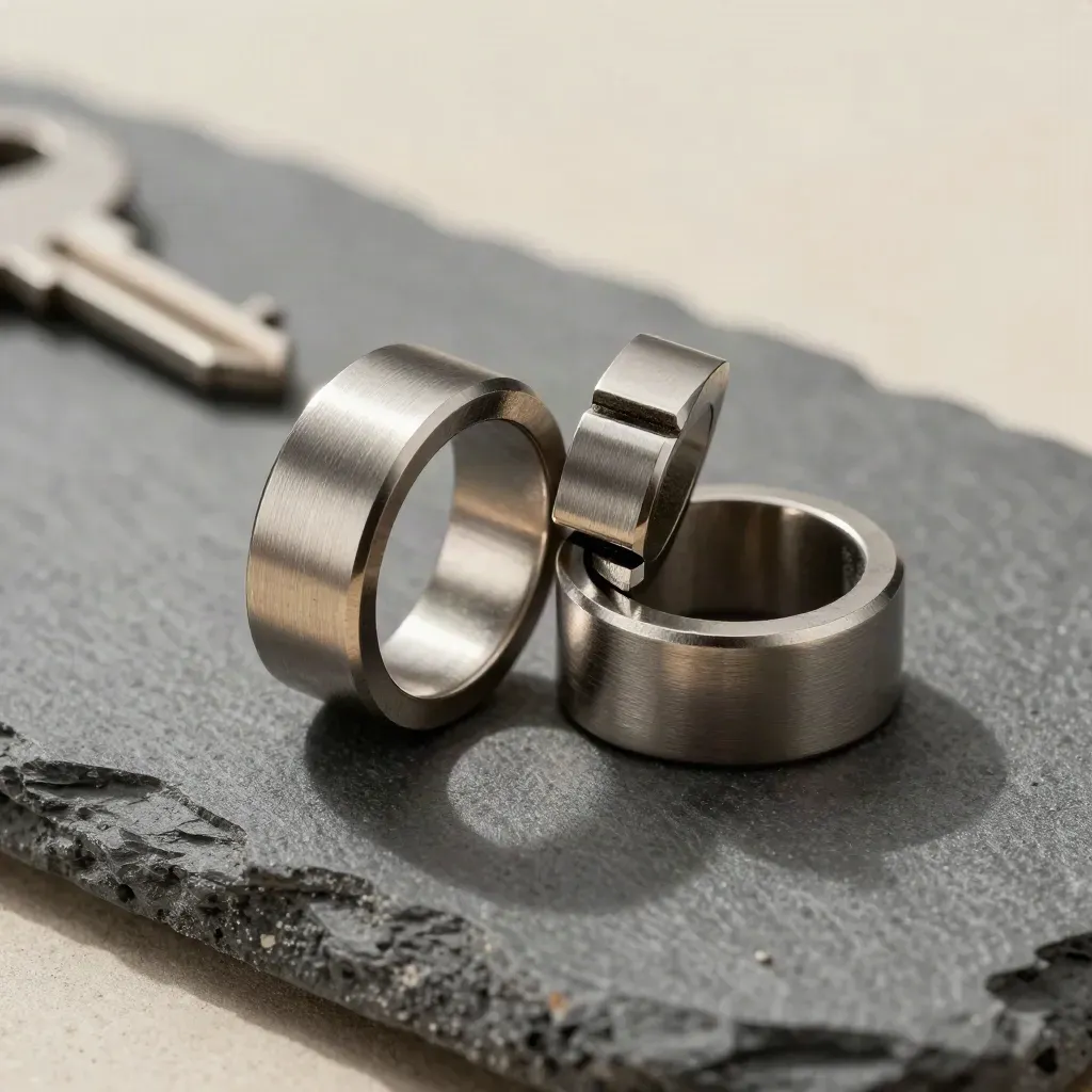 Machined rings with brushed blocks and a spacer on graphite concrete, in macro close-up.