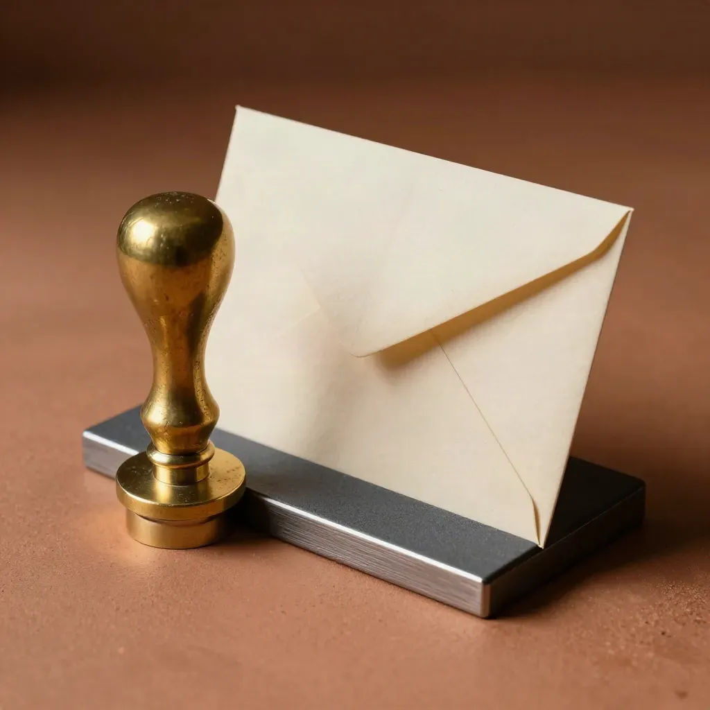 Brass seal stamp, envelope, and card stand in warm dust, lit from upper left.