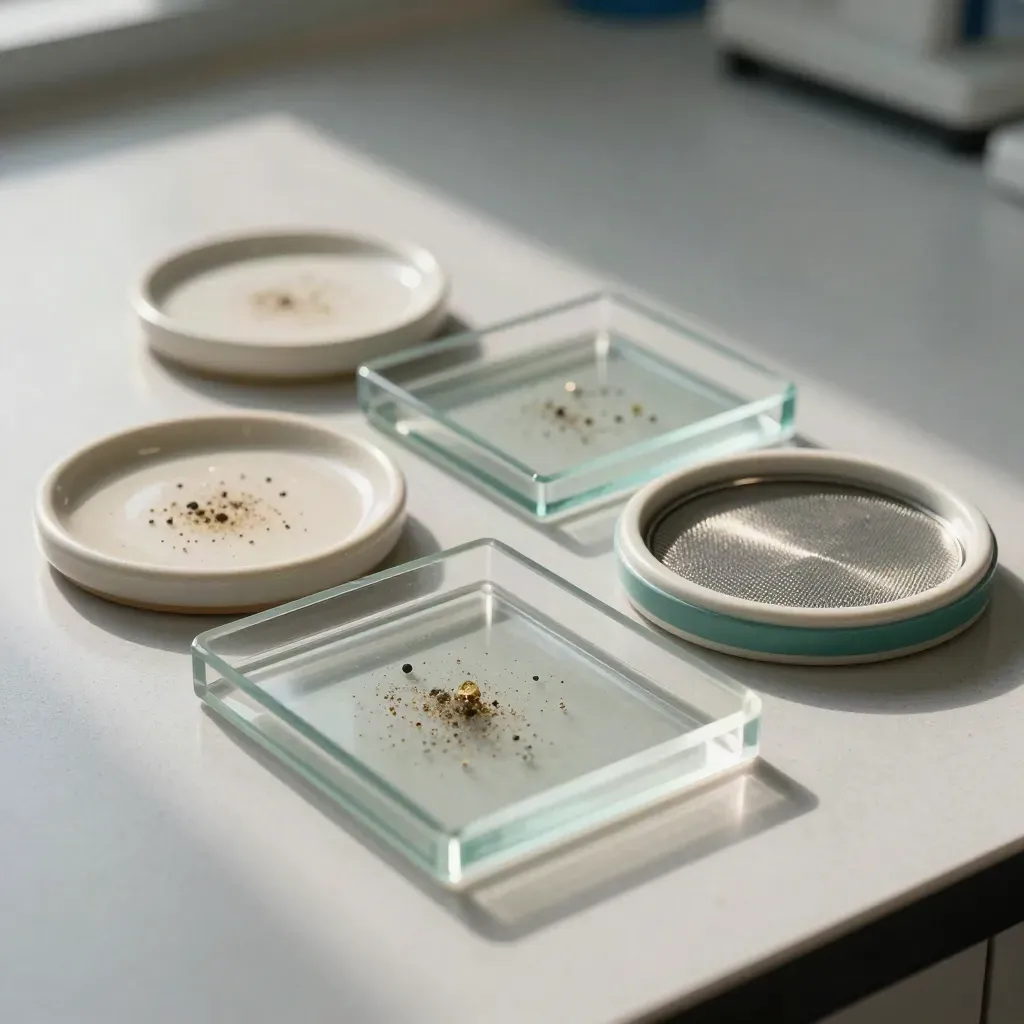 Glass slide trays, ceramic specimen dishes, and a mesh lid arranged on pale stone in soft lab light.