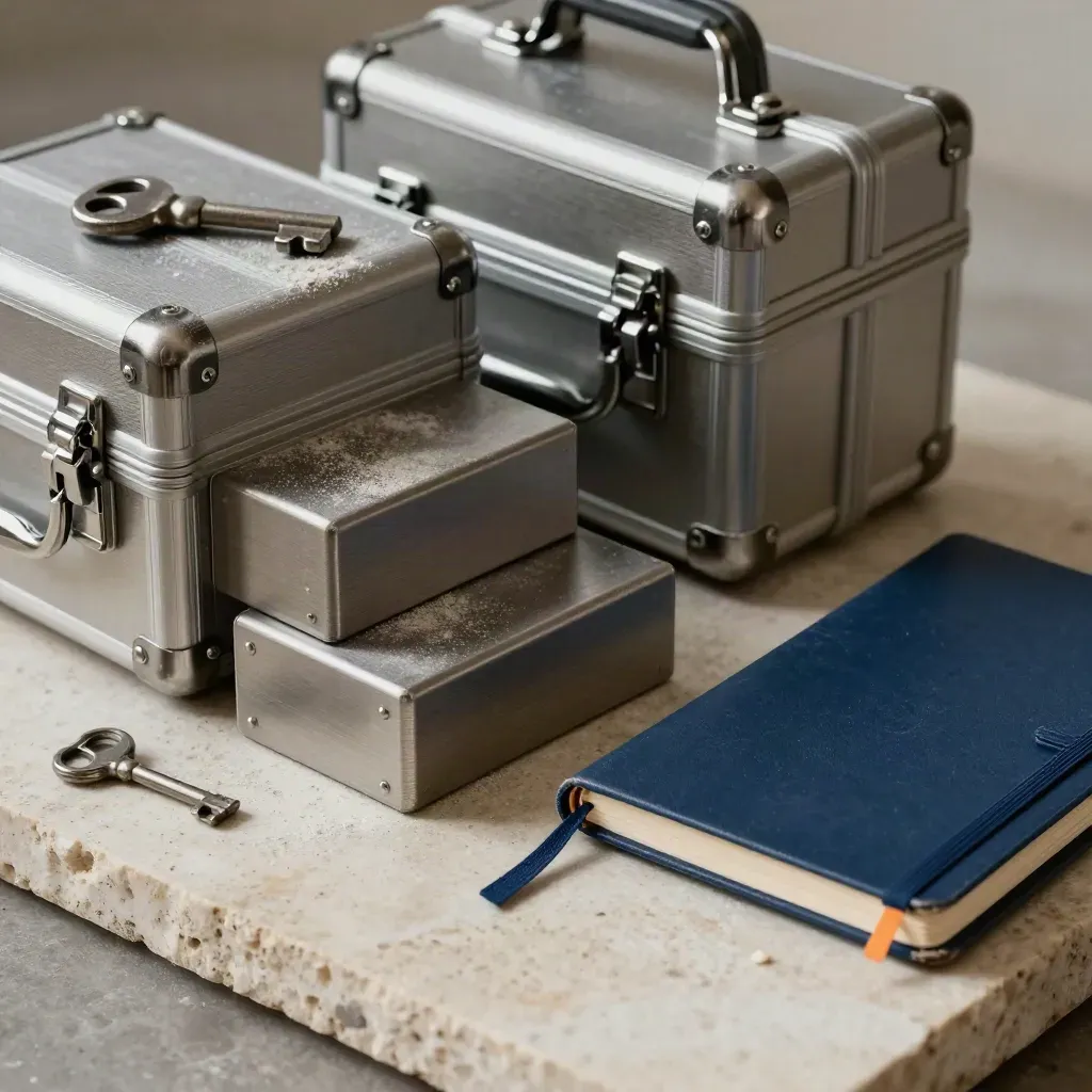 Calibration weights, blue notebook, and hard-shell cases on pale limestone with chalk dust.