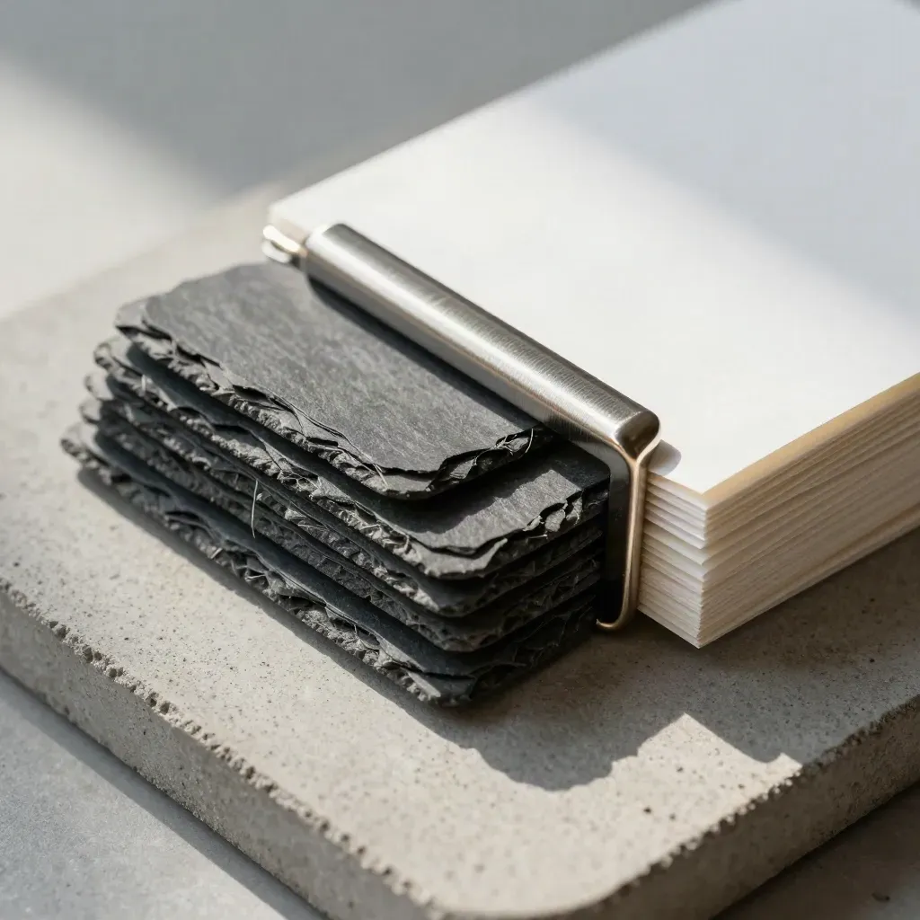 Macro of stacked slate chips, binder clips, and a metal divider on concrete.