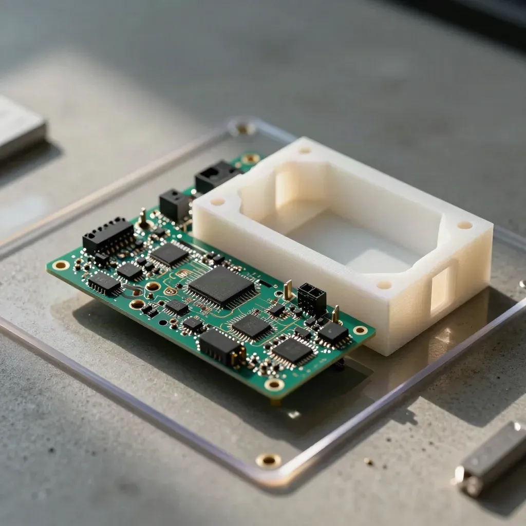 PCB prototypes and a 3D-printed enclosure shell in foam inserts, seen through acrylic