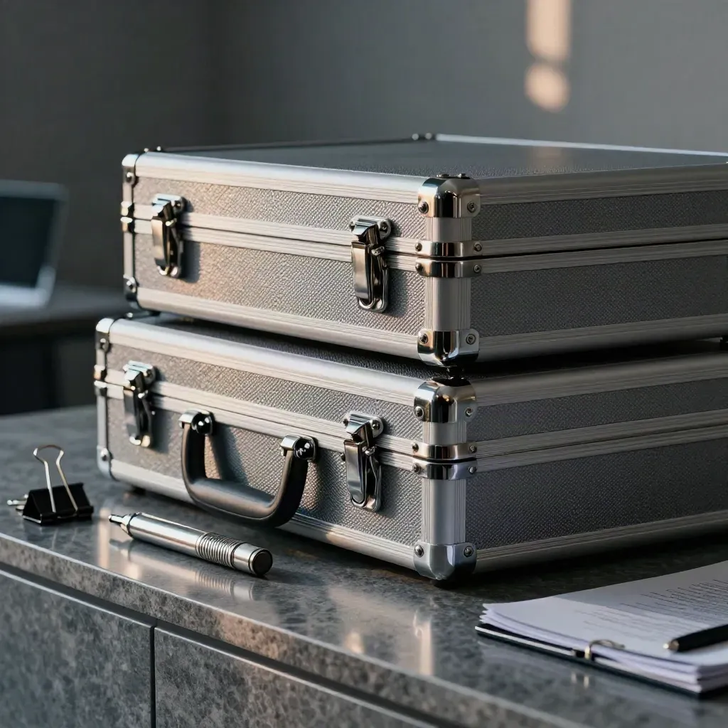 Graphite briefing cases, clicker, and binder clips in a dim boardroom close-up