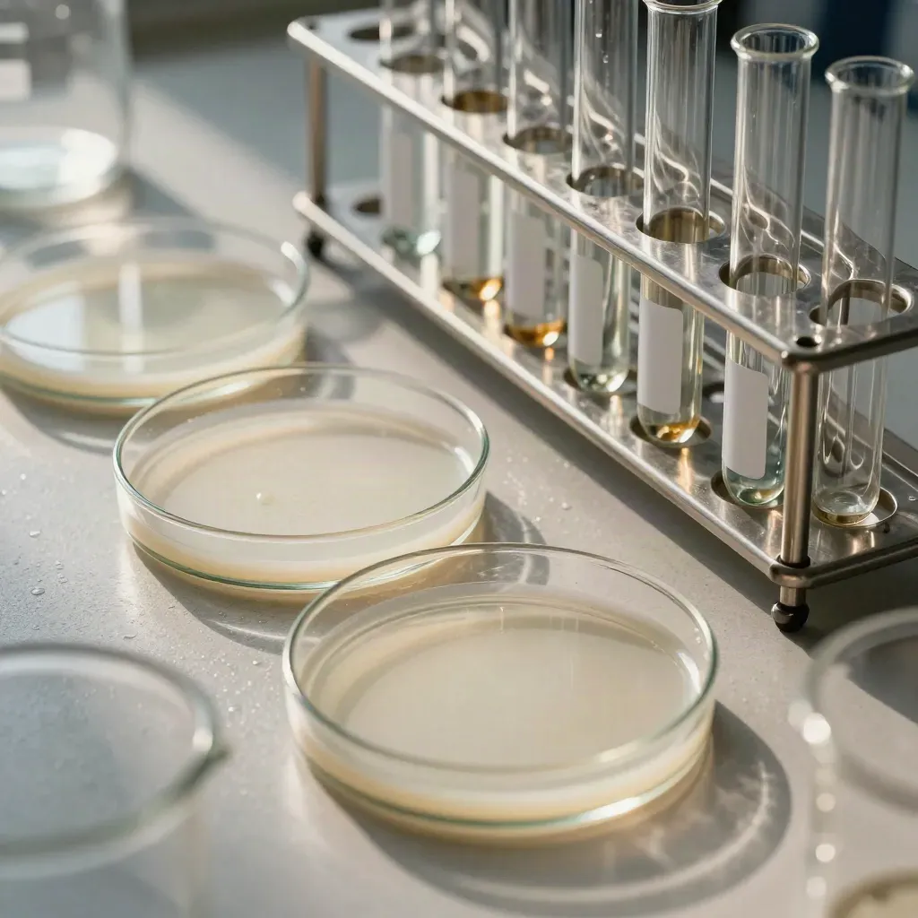 Top-down lab macro of petri dishes, sample tubes and a steel rack through a blurred beaker rim.