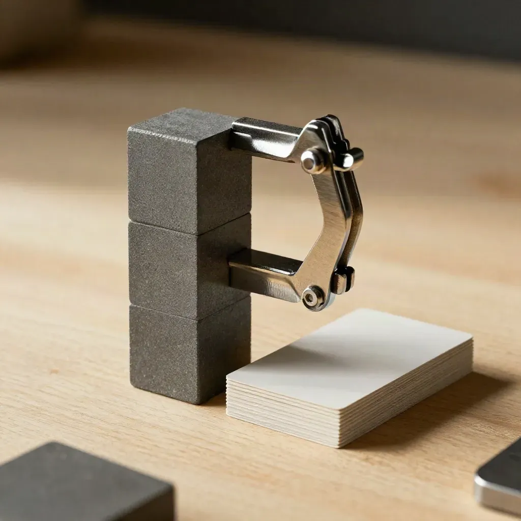 Graphite blocks, folded card stack, and precision clamp on pale wood in dramatic light.