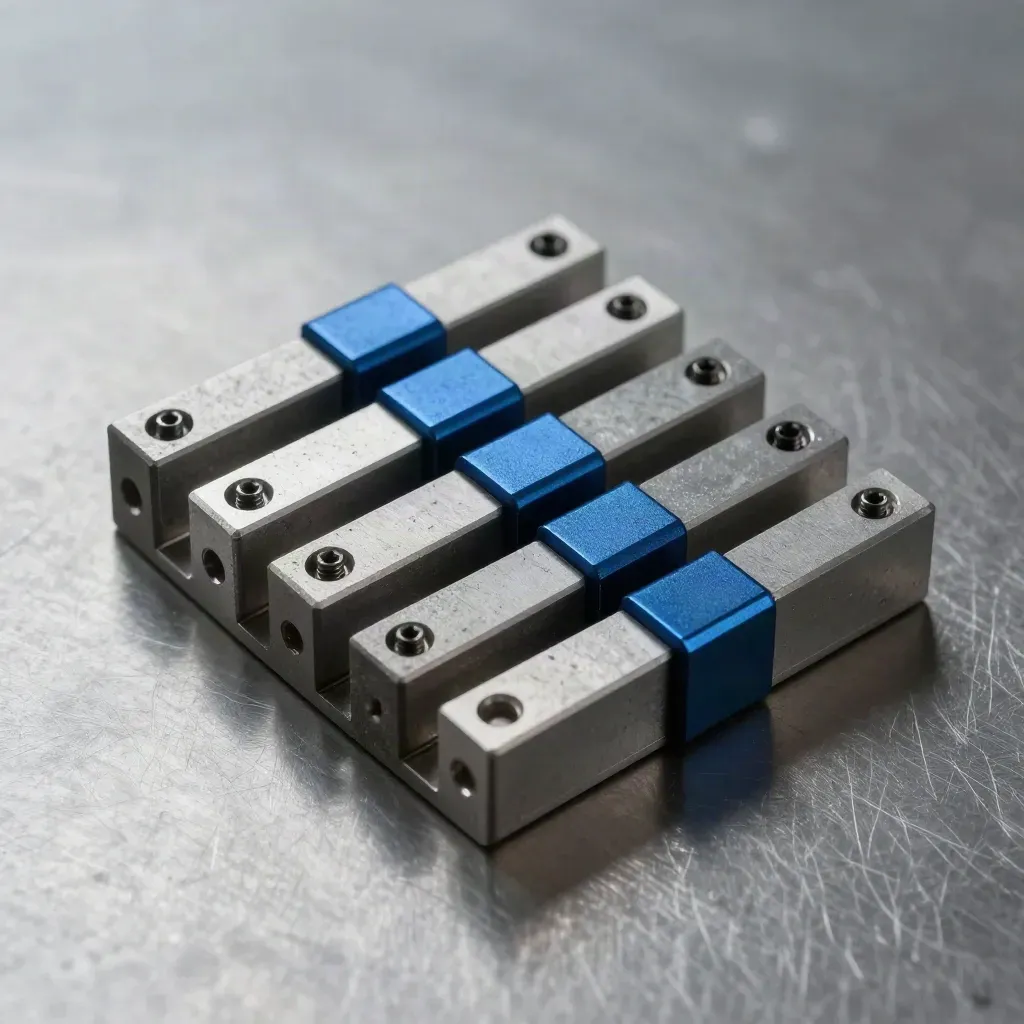 Top-down metal brackets and connector strip on brushed steel with cool blue accent.