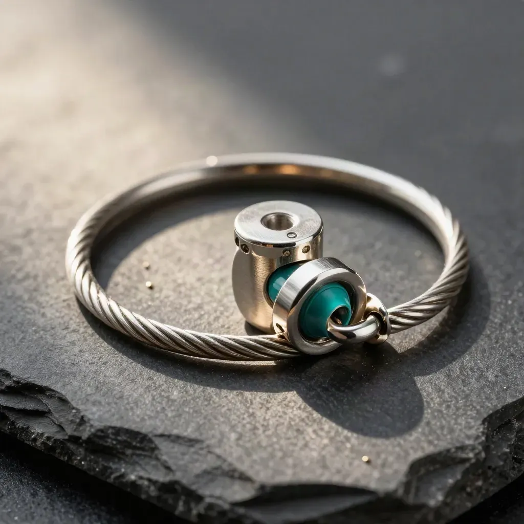 Linked silver rings and a hub disk on charcoal stone with a subtle teal accent.